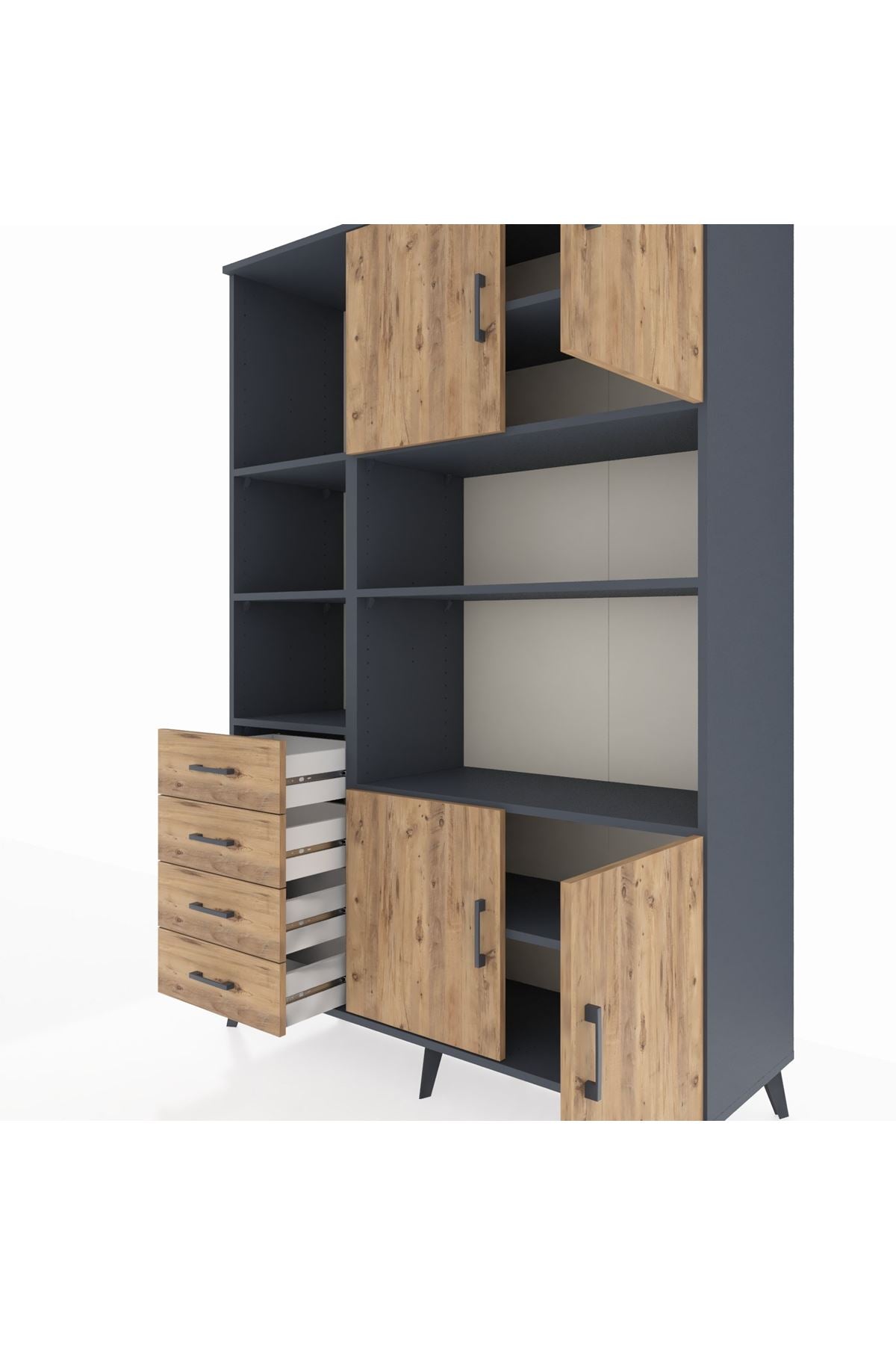 Hyperion Dolap 8 Raflı 4 Çekmeceli 4 Kapaklı 132x44x195 Antrasit-Çam/Çam