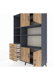 Hyperion Dolap 8 Raflı 4 Çekmeceli 4 Kapaklı 132x44x195 Antrasit-Çam/Çam