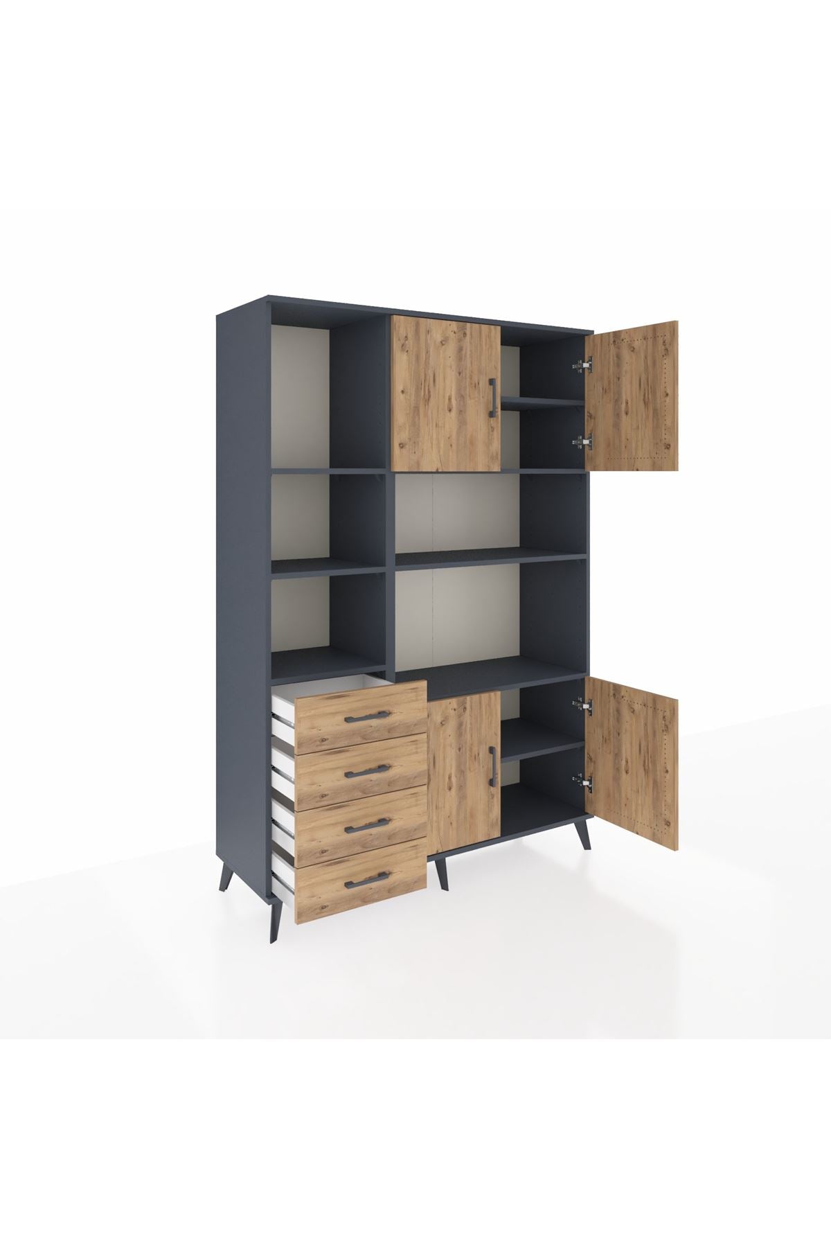 Hyperion Dolap 8 Raflı 4 Çekmeceli 4 Kapaklı 132x44x195 Antrasit-Çam/Çam