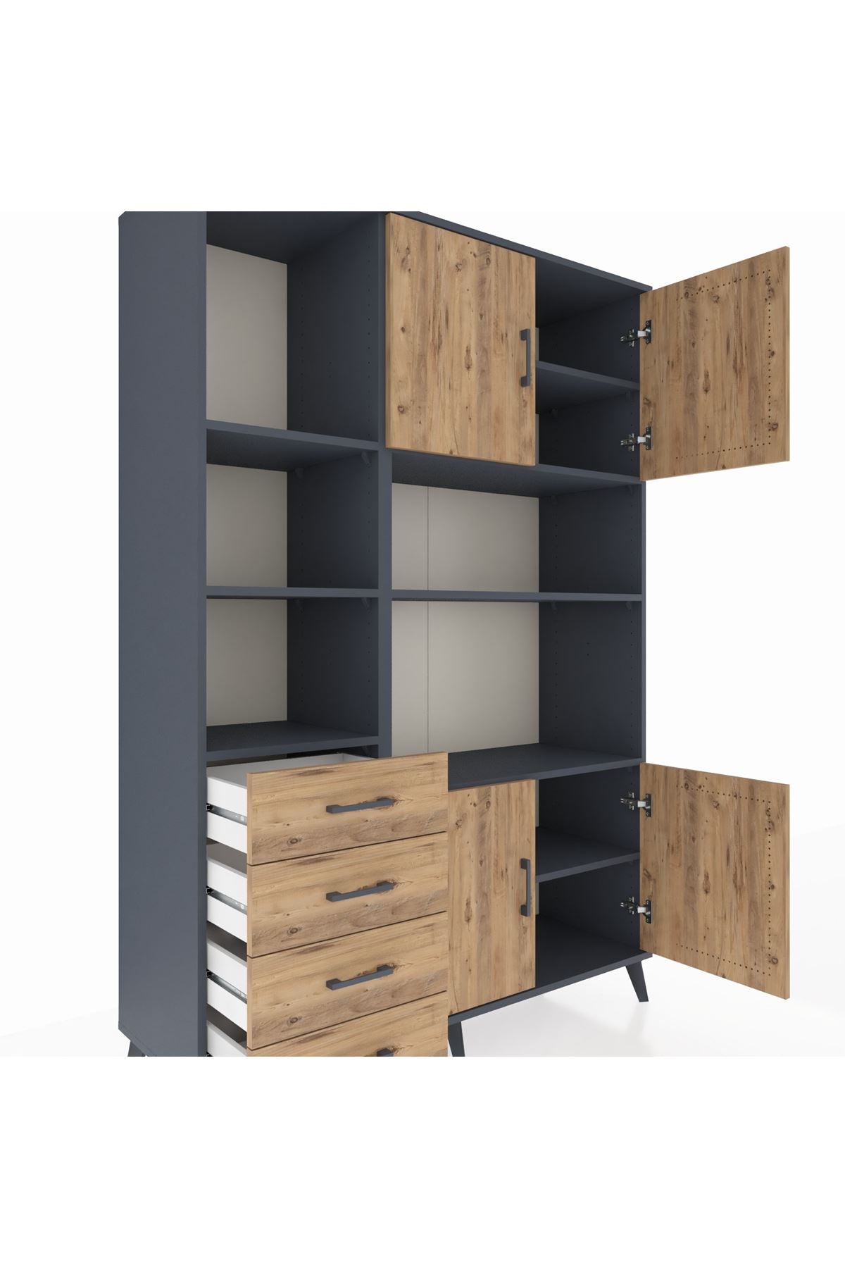 Hyperion Dolap 8 Raflı 4 Çekmeceli 4 Kapaklı 132x44x195 Antrasit-Çam/Çam