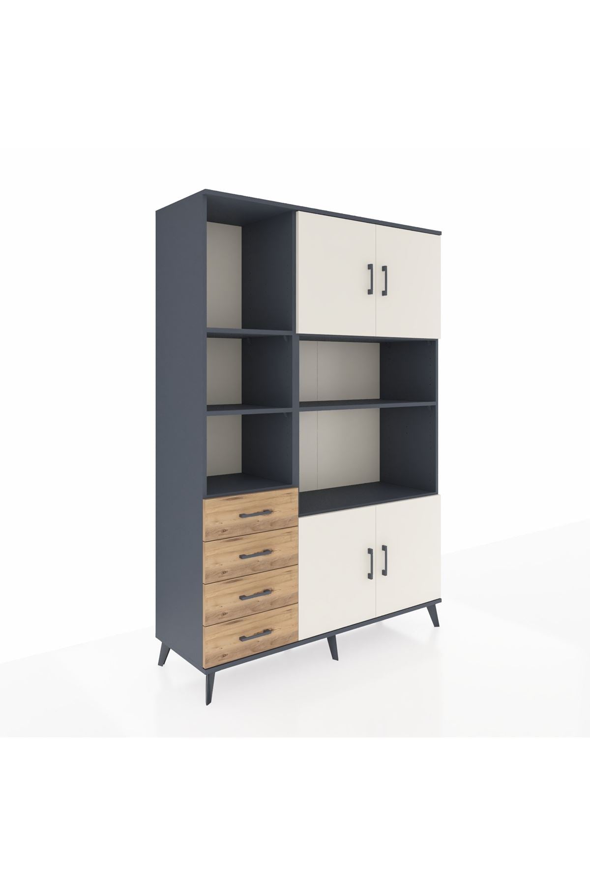 Hyperion Dolap 8 Raflı 4 Çekmeceli 4 Kapaklı 132x44x195 Antrasit-Aytaşı/Çam