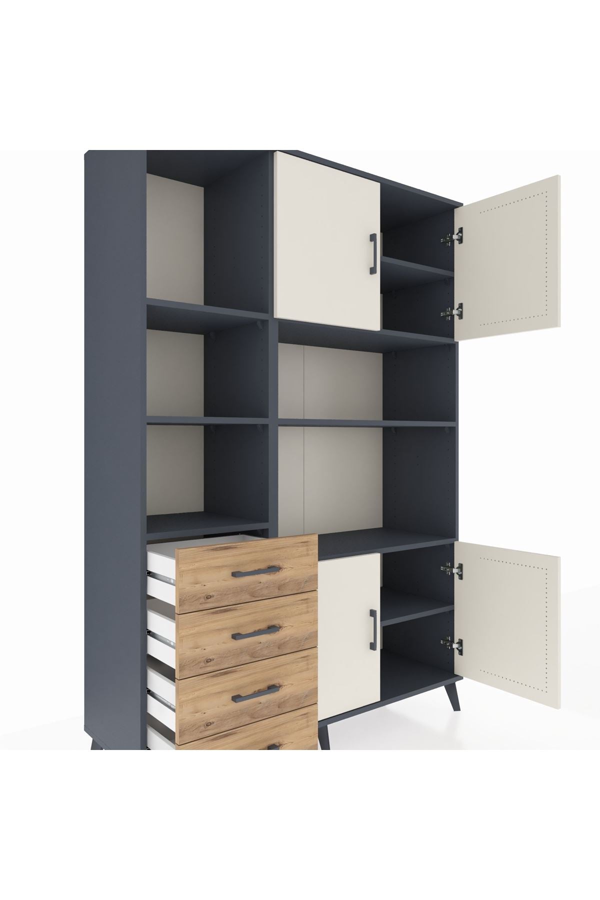 Hyperion Dolap 8 Raflı 4 Çekmeceli 4 Kapaklı 132x44x195 Antrasit-Aytaşı/Çam