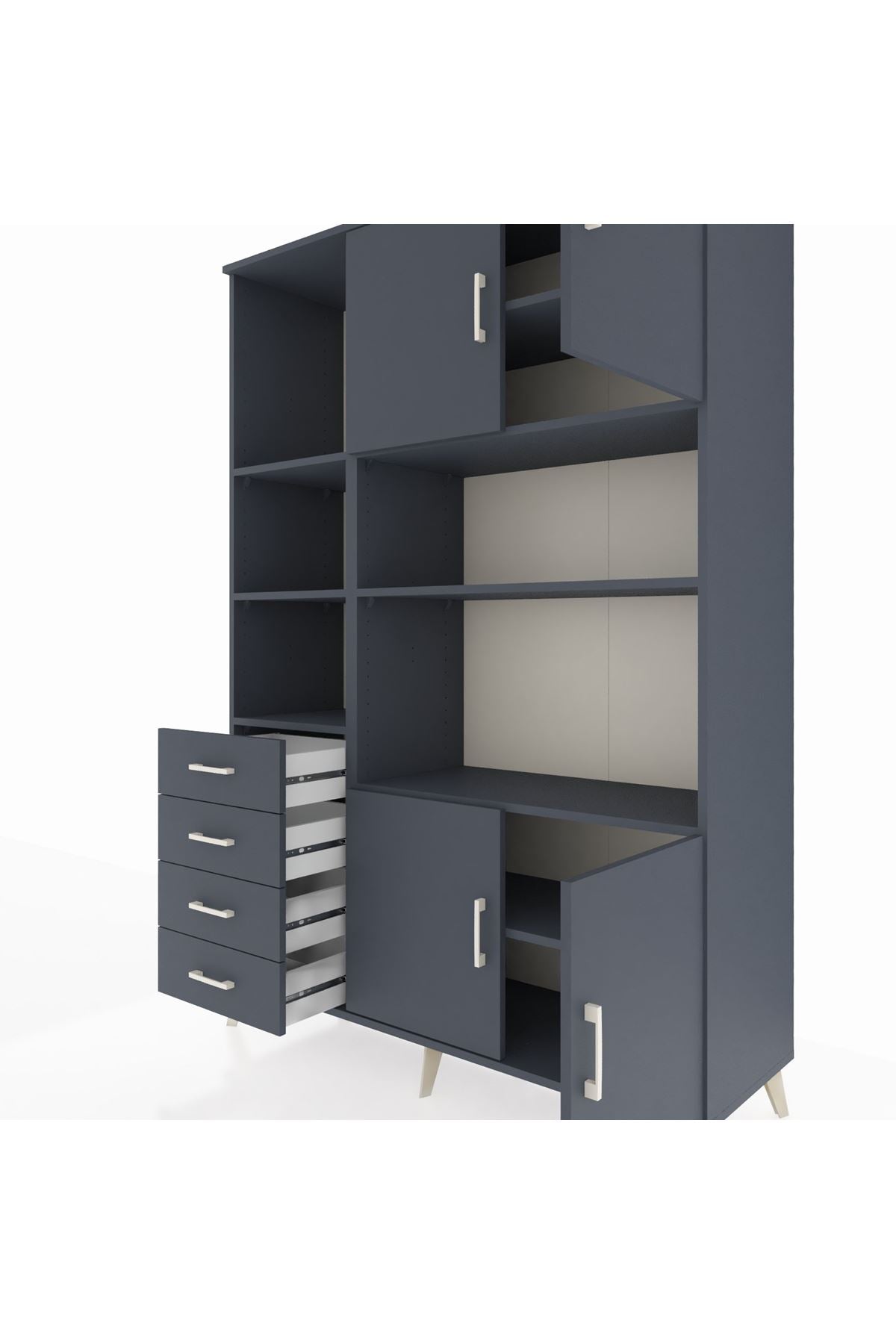 Hyperion Dolap 8 Raflı 4 Çekmeceli 4 Kapaklı 132x44x195 Antrasit-Antrasit/Antrasit