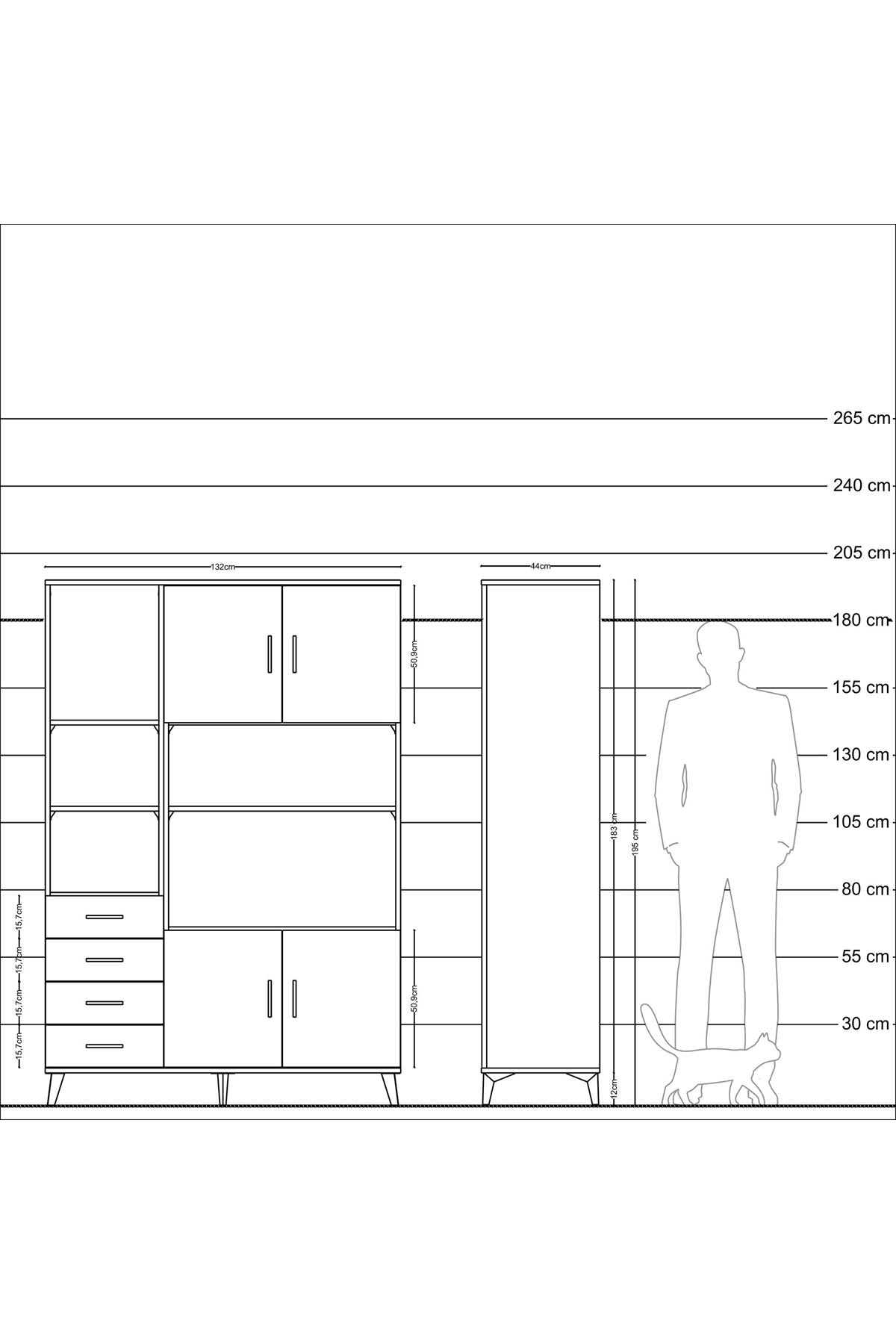 Hyperion Dolap 8 Raflı 4 Çekmeceli 4 Kapaklı 132x44x195 Antrasit-Antrasit/Antrasit