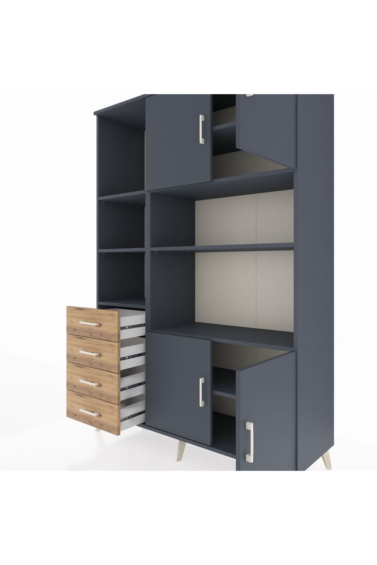 Hyperion Dolap 8 Raflı 4 Çekmeceli 4 Kapaklı 132x44x195 Antrasit-Antrasit/Çam