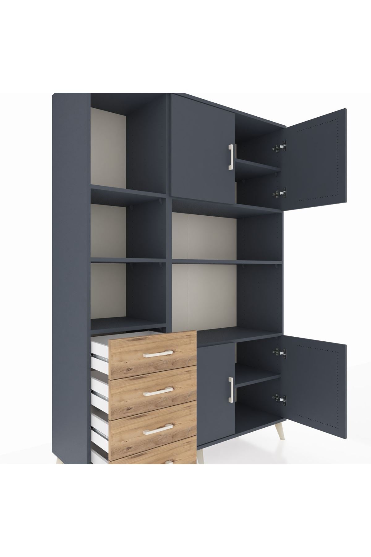 Hyperion Dolap 8 Raflı 4 Çekmeceli 4 Kapaklı 132x44x195 Antrasit-Antrasit/Çam