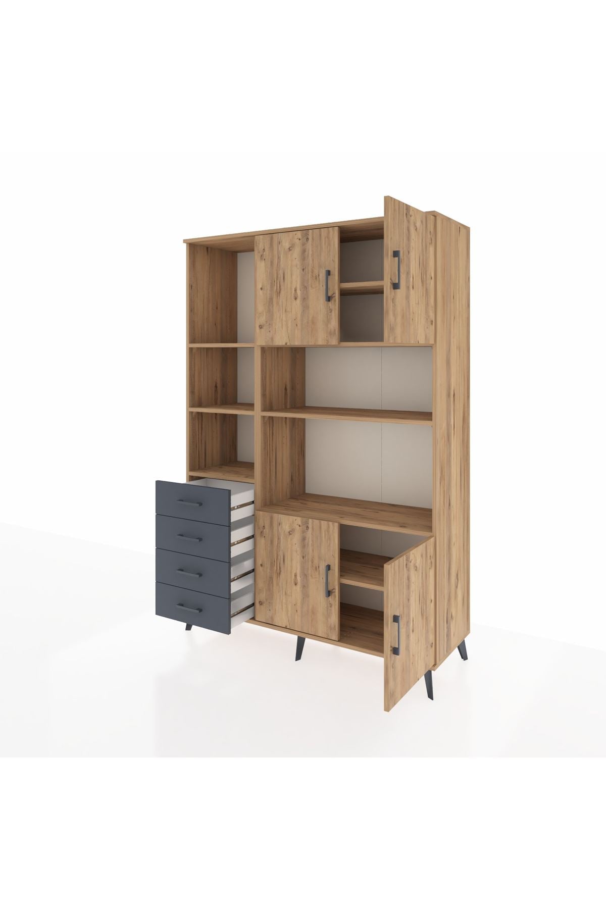 Hyperion Dolap 8 Raflı 4 Çekmeceli 4 Kapaklı 132x44x195 Çam-Çam/Antrasit