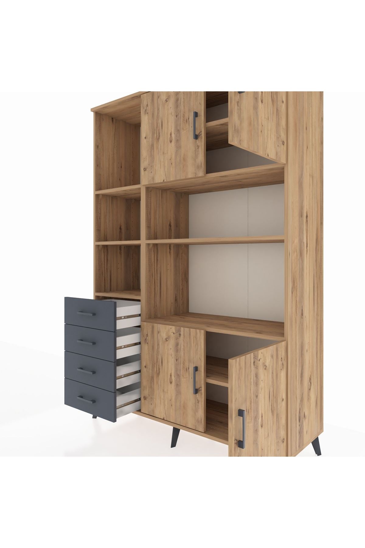Hyperion Dolap 8 Raflı 4 Çekmeceli 4 Kapaklı 132x44x195 Çam-Çam/Antrasit