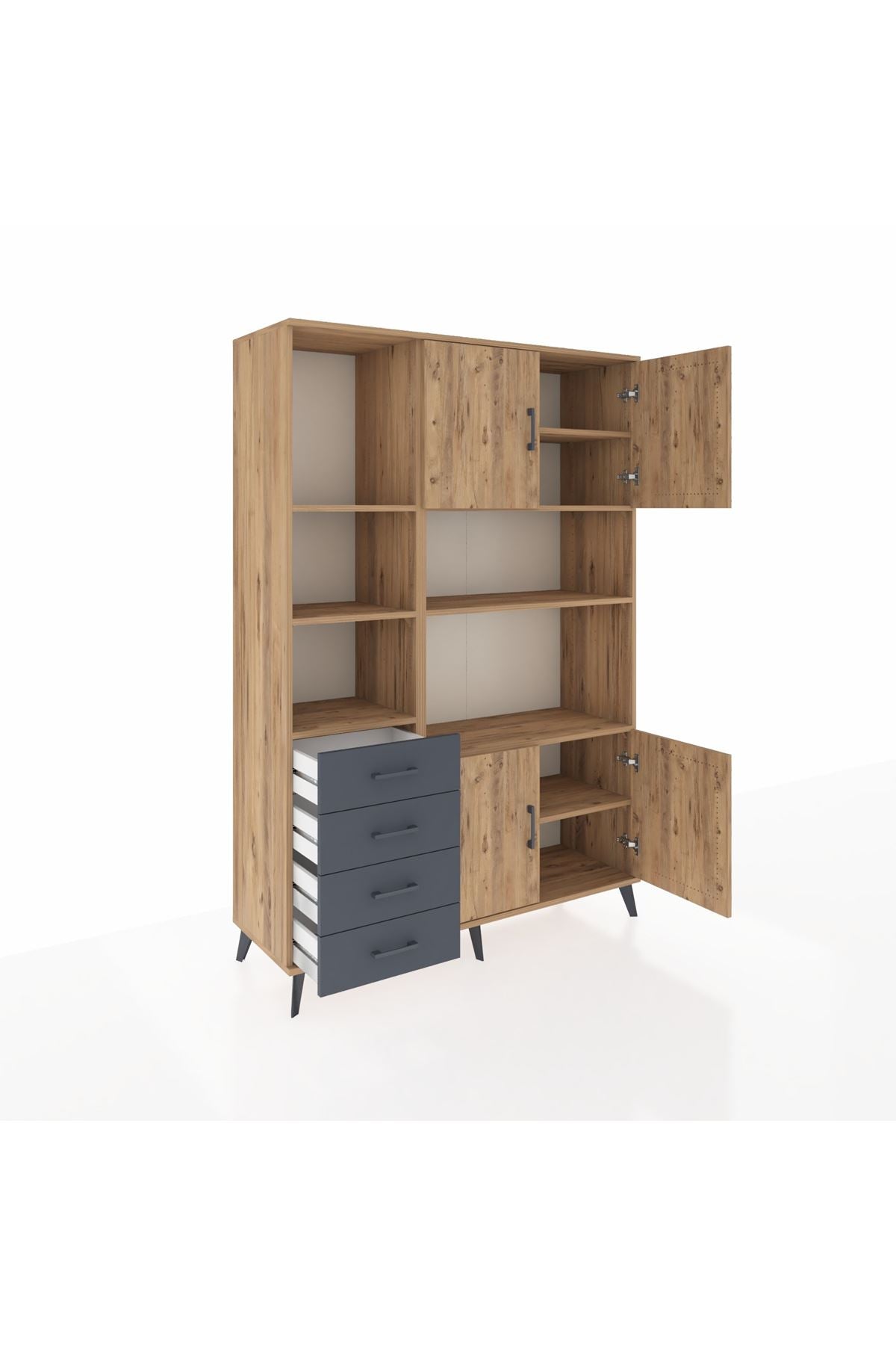 Hyperion Dolap 8 Raflı 4 Çekmeceli 4 Kapaklı 132x44x195 Çam-Çam/Antrasit