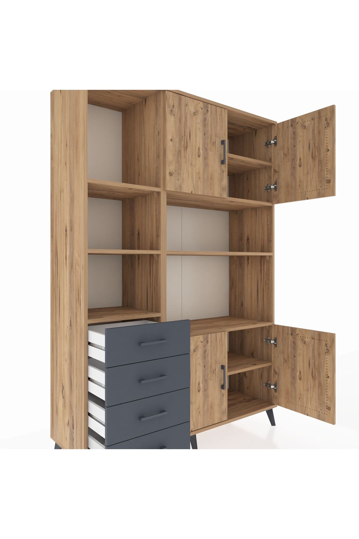Hyperion Dolap 8 Raflı 4 Çekmeceli 4 Kapaklı 132x44x195 Çam-Çam/Antrasit