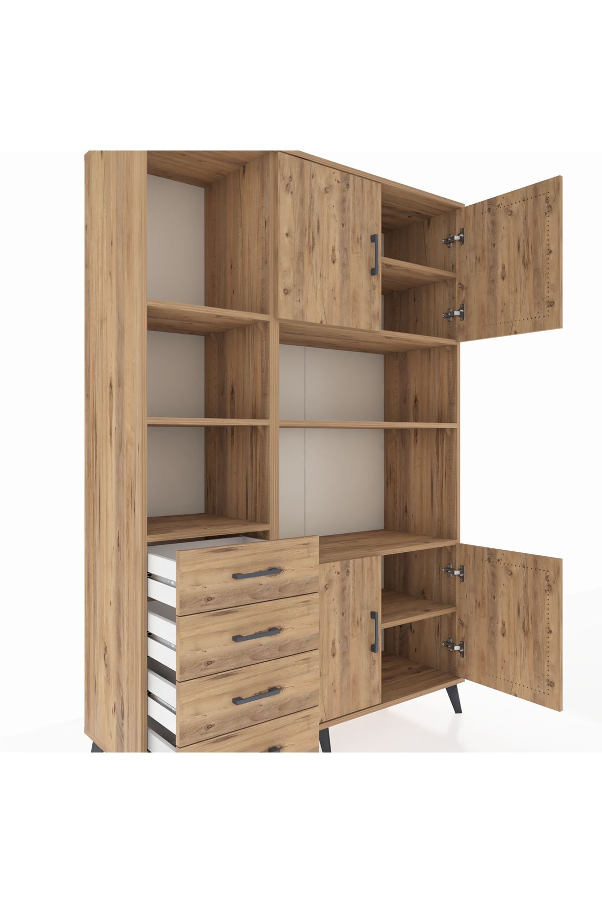 Hyperion Dolap 8 Raflı 4 Çekmeceli 4 Kapaklı 132x44x195 Çam-Çam/Çam