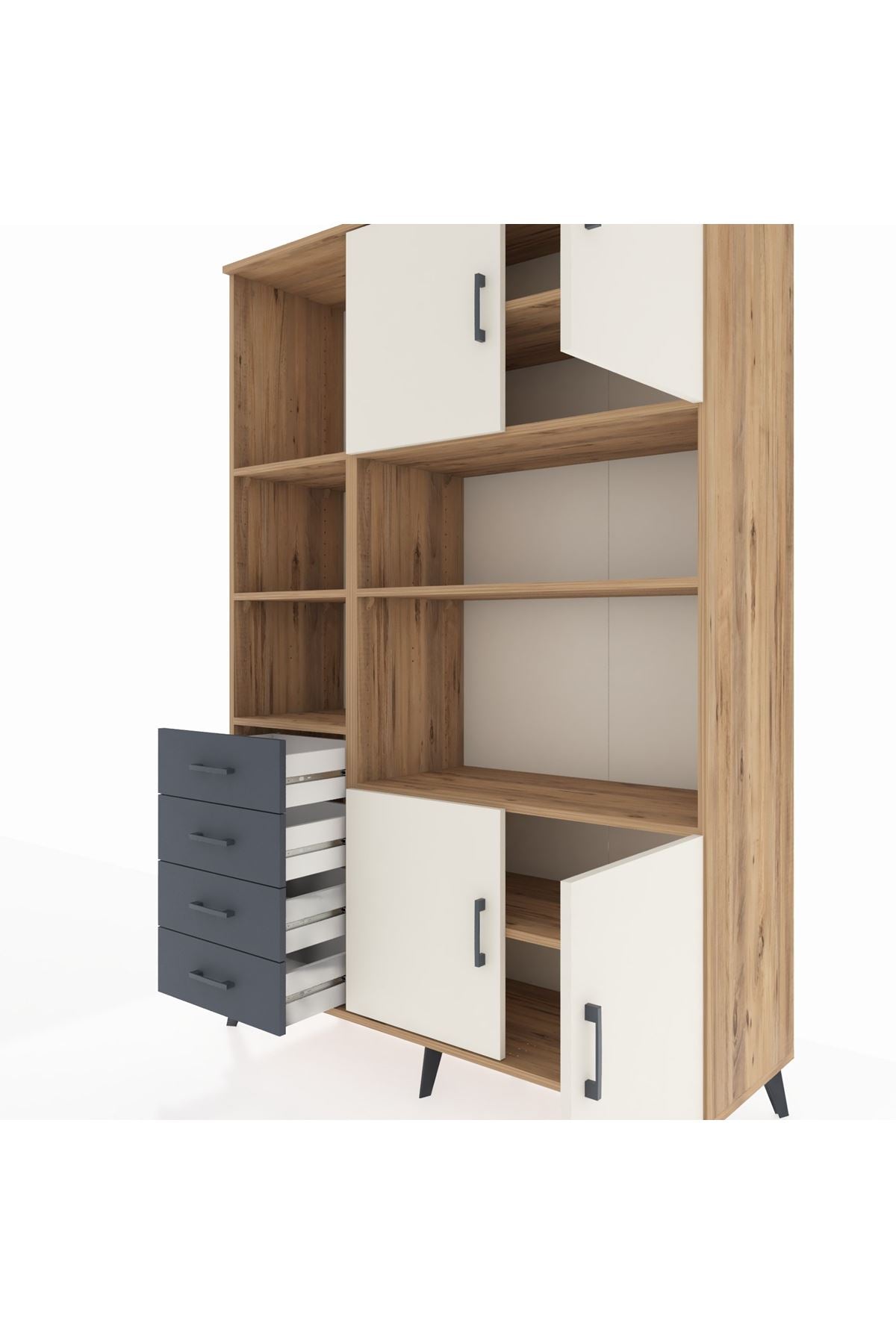 Hyperion Dolap 8 Raflı 4 Çekmeceli 4 Kapaklı 132x44x195 Çam-Aytaşı/Antrasit