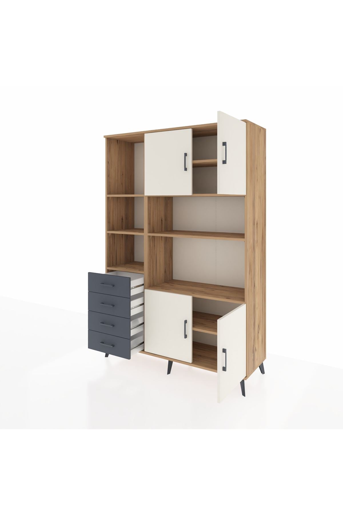 Hyperion Dolap 8 Raflı 4 Çekmeceli 4 Kapaklı 132x44x195 Çam-Aytaşı/Antrasit