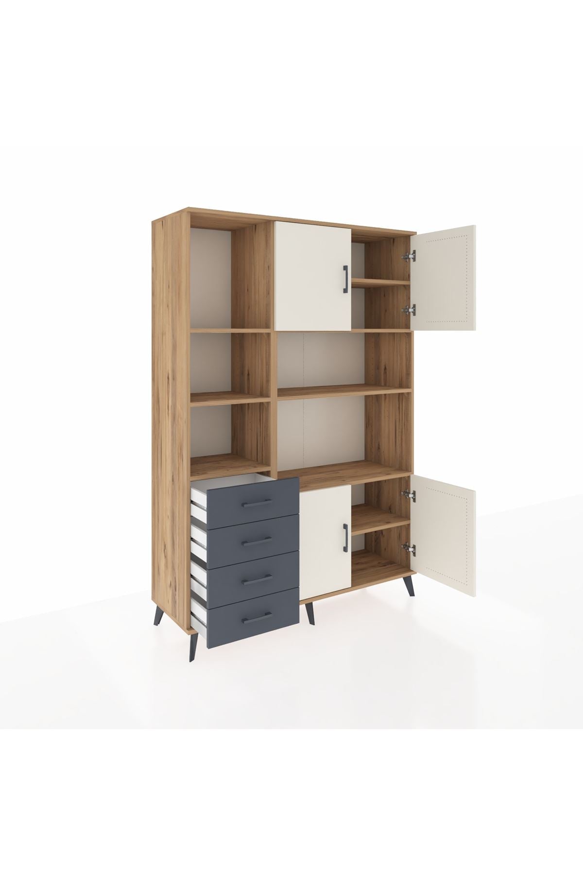 Hyperion Dolap 8 Raflı 4 Çekmeceli 4 Kapaklı 132x44x195 Çam-Aytaşı/Antrasit