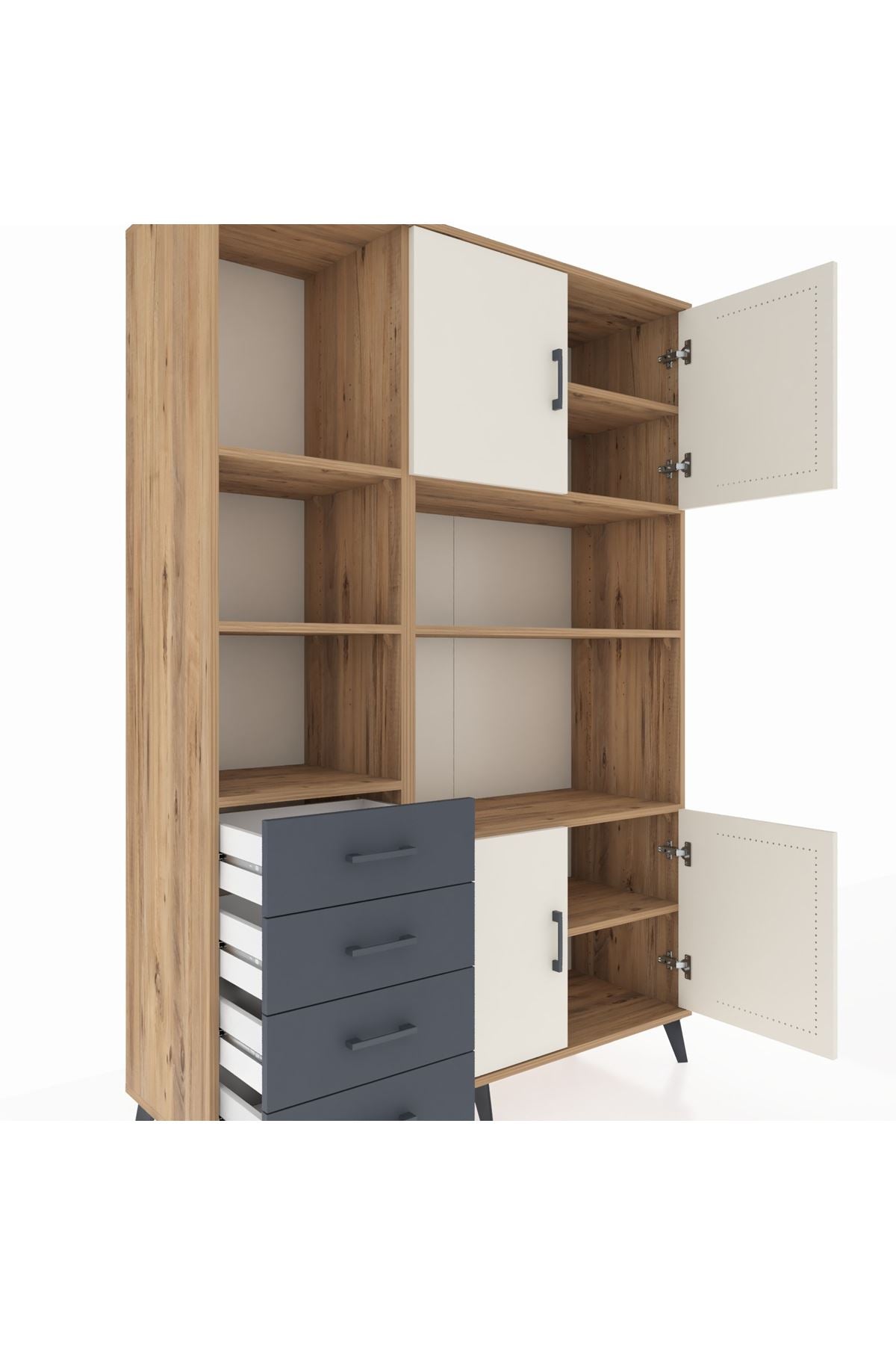 Hyperion Dolap 8 Raflı 4 Çekmeceli 4 Kapaklı 132x44x195 Çam-Aytaşı/Antrasit