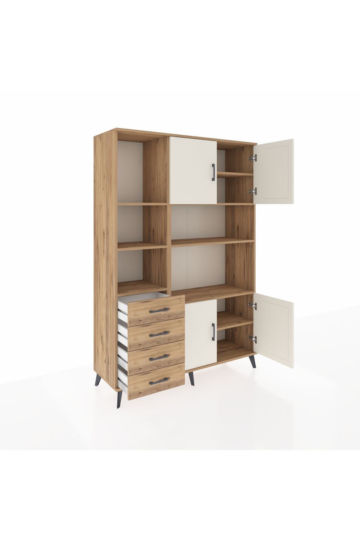 Hyperion Dolap 8 Raflı 4 Çekmeceli 4 Kapaklı 132x44x195 Çam-Aytaşı/Çam