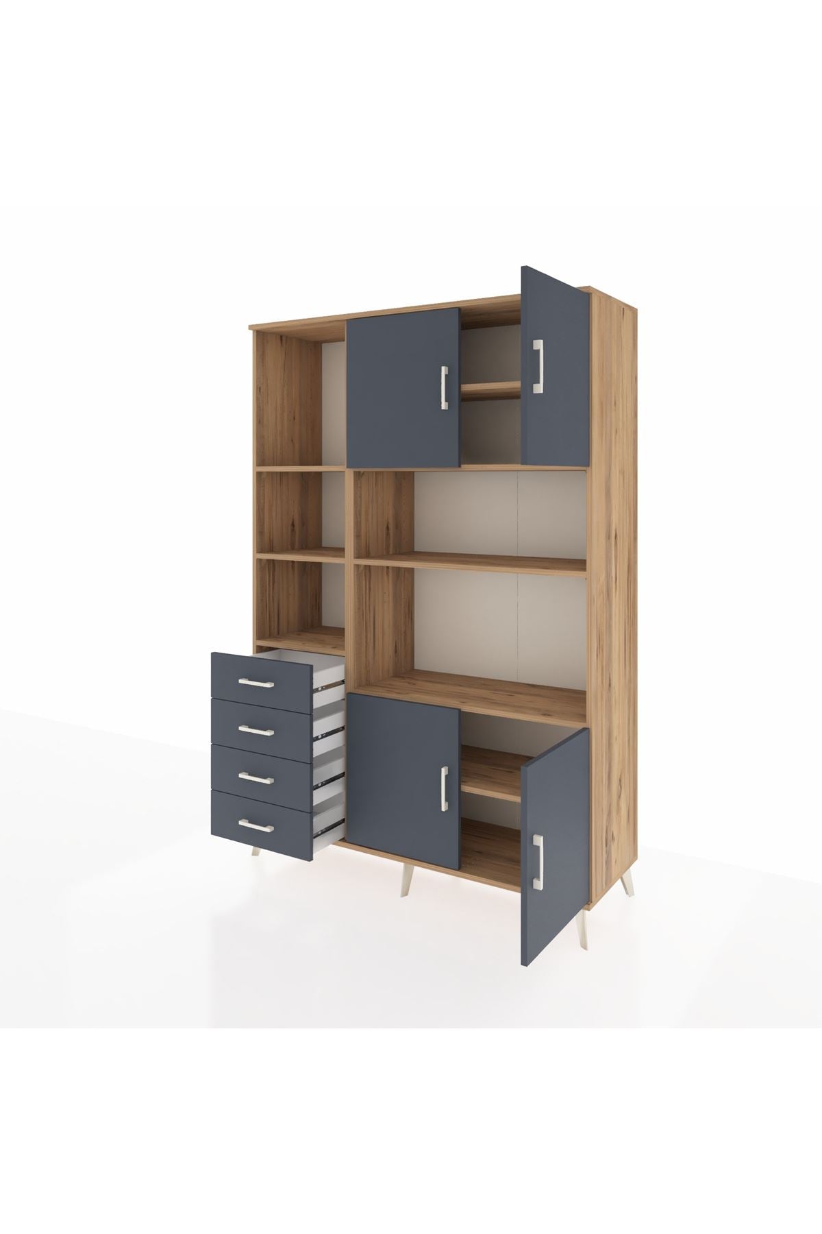 Hyperion Dolap 8 Raflı 4 Çekmeceli 4 Kapaklı 132x44x195 Çam-Antrasit/Antrasit