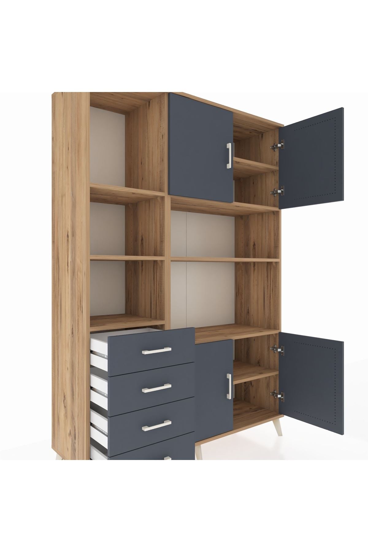 Hyperion Dolap 8 Raflı 4 Çekmeceli 4 Kapaklı 132x44x195 Çam-Antrasit/Antrasit