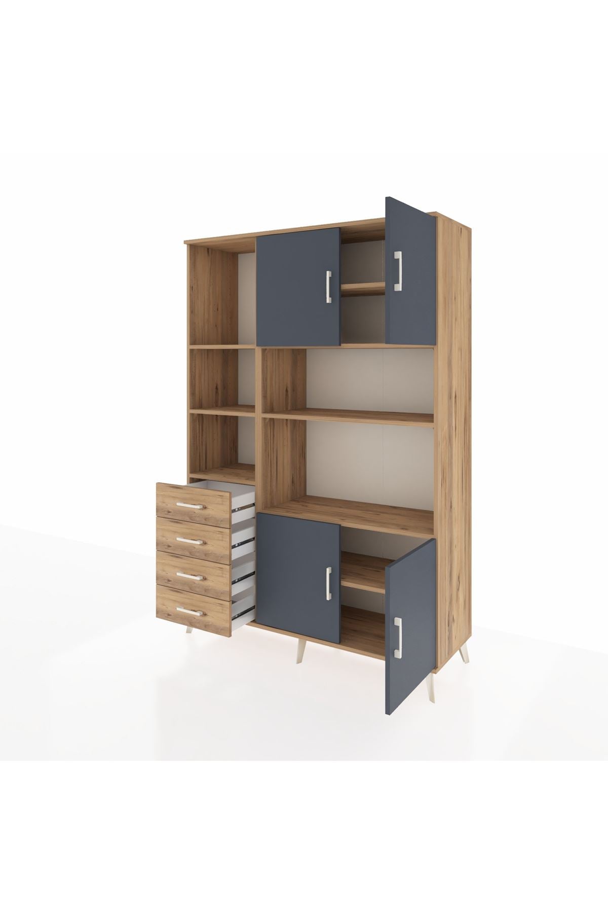 Hyperion Dolap 8 Raflı 4 Çekmeceli 4 Kapaklı 132x44x195 Çam-Antrasit/Çam