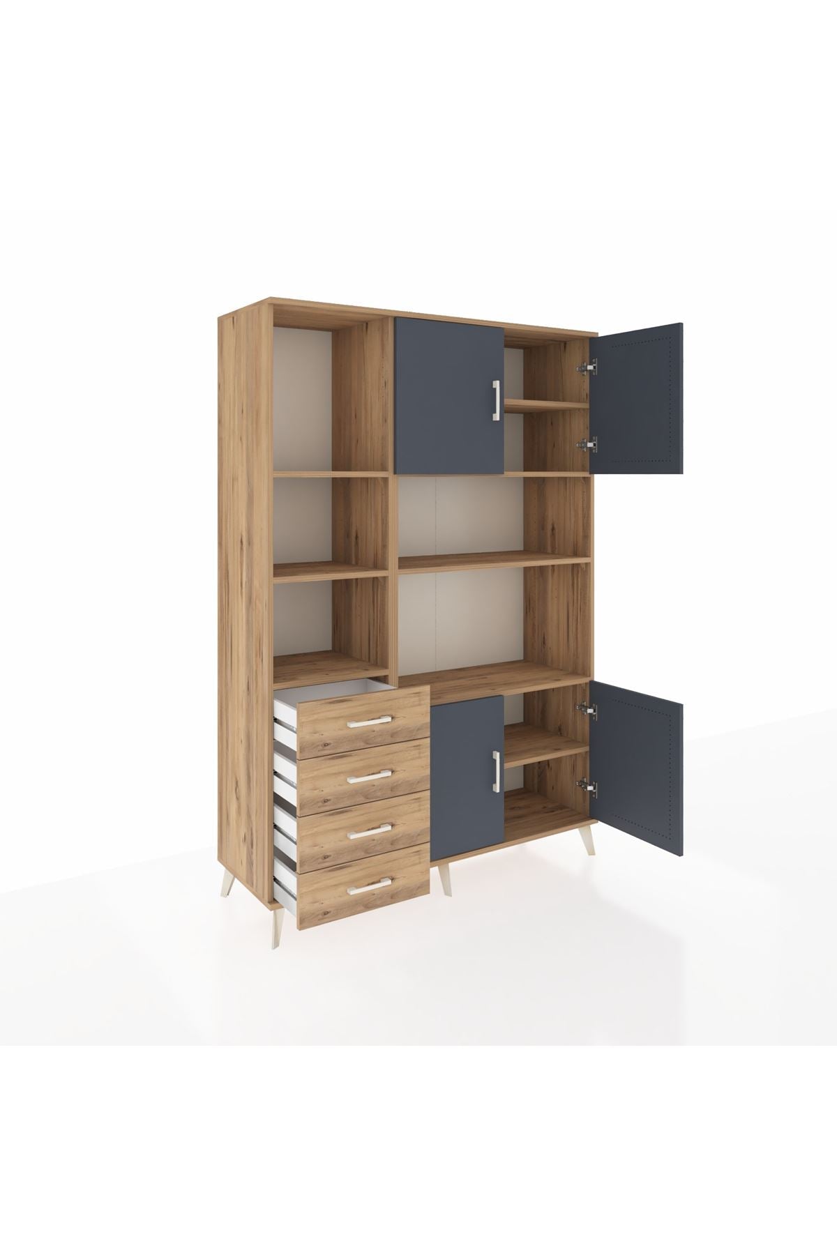 Hyperion Dolap 8 Raflı 4 Çekmeceli 4 Kapaklı 132x44x195 Çam-Antrasit/Çam