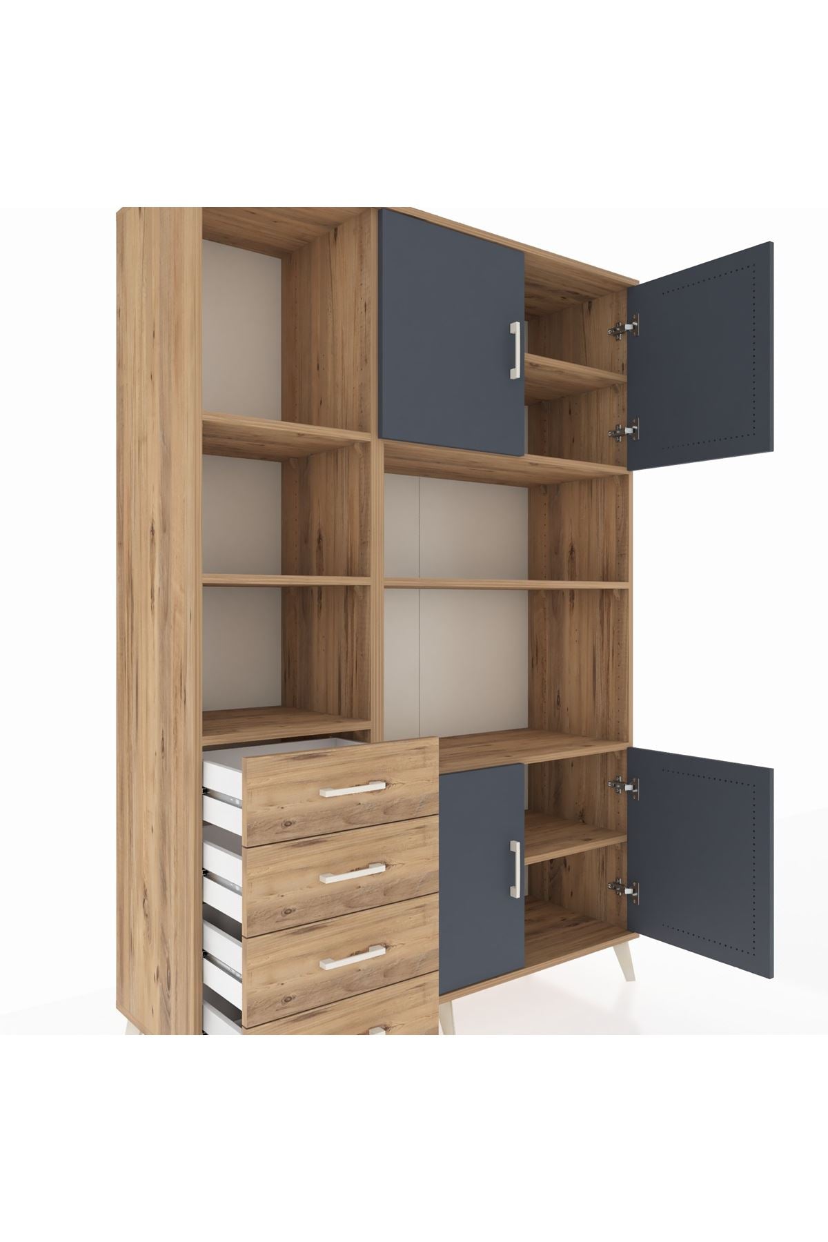 Hyperion Dolap 8 Raflı 4 Çekmeceli 4 Kapaklı 132x44x195 Çam-Antrasit/Çam