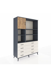 Hyperion Dolap 7 Raflı 8 Çekmeceli Tek Kapaklı  132x44x195 Antrasit-Çam/Aytaşı
