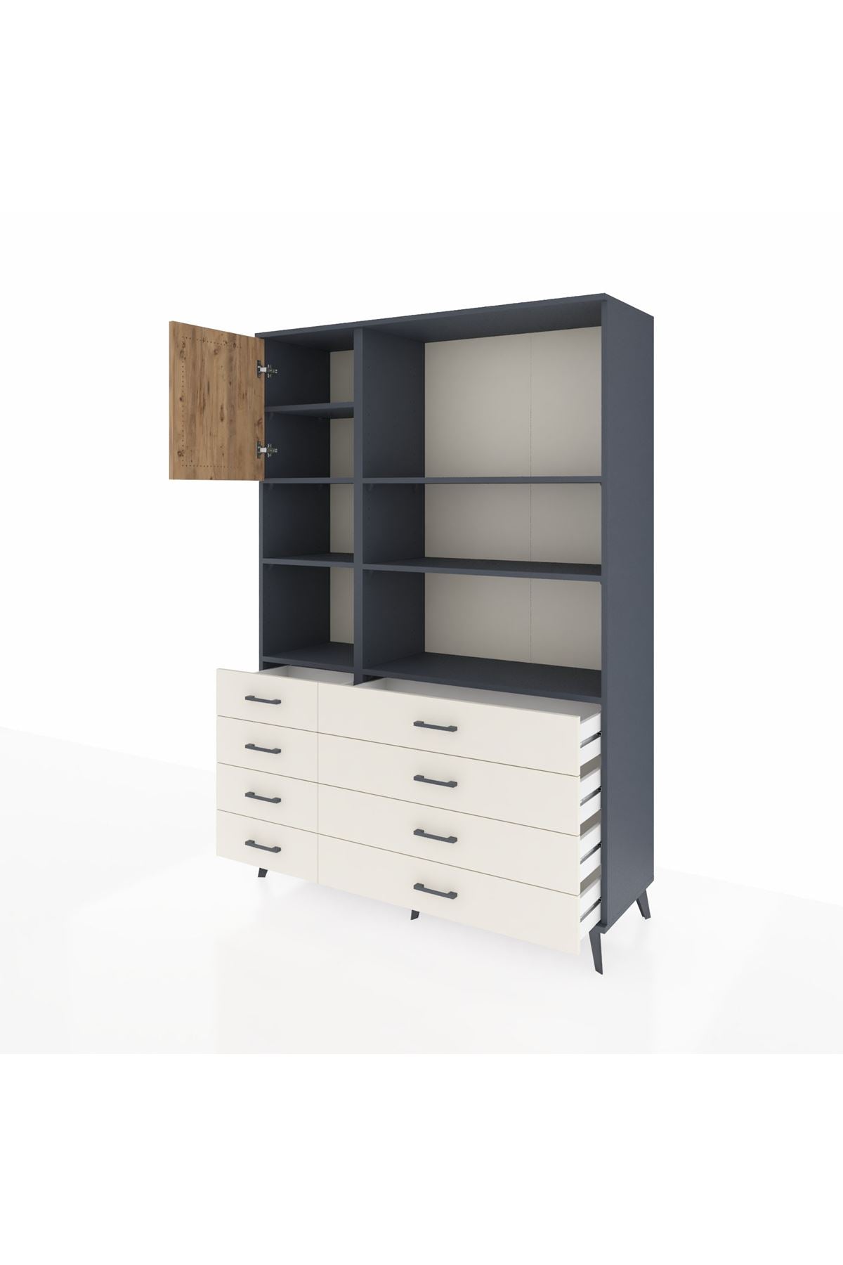Hyperion Dolap 7 Raflı 8 Çekmeceli Tek Kapaklı  132x44x195 Antrasit-Çam/Aytaşı