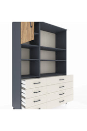 Hyperion Dolap 7 Raflı 8 Çekmeceli Tek Kapaklı  132x44x195 Antrasit-Çam/Aytaşı
