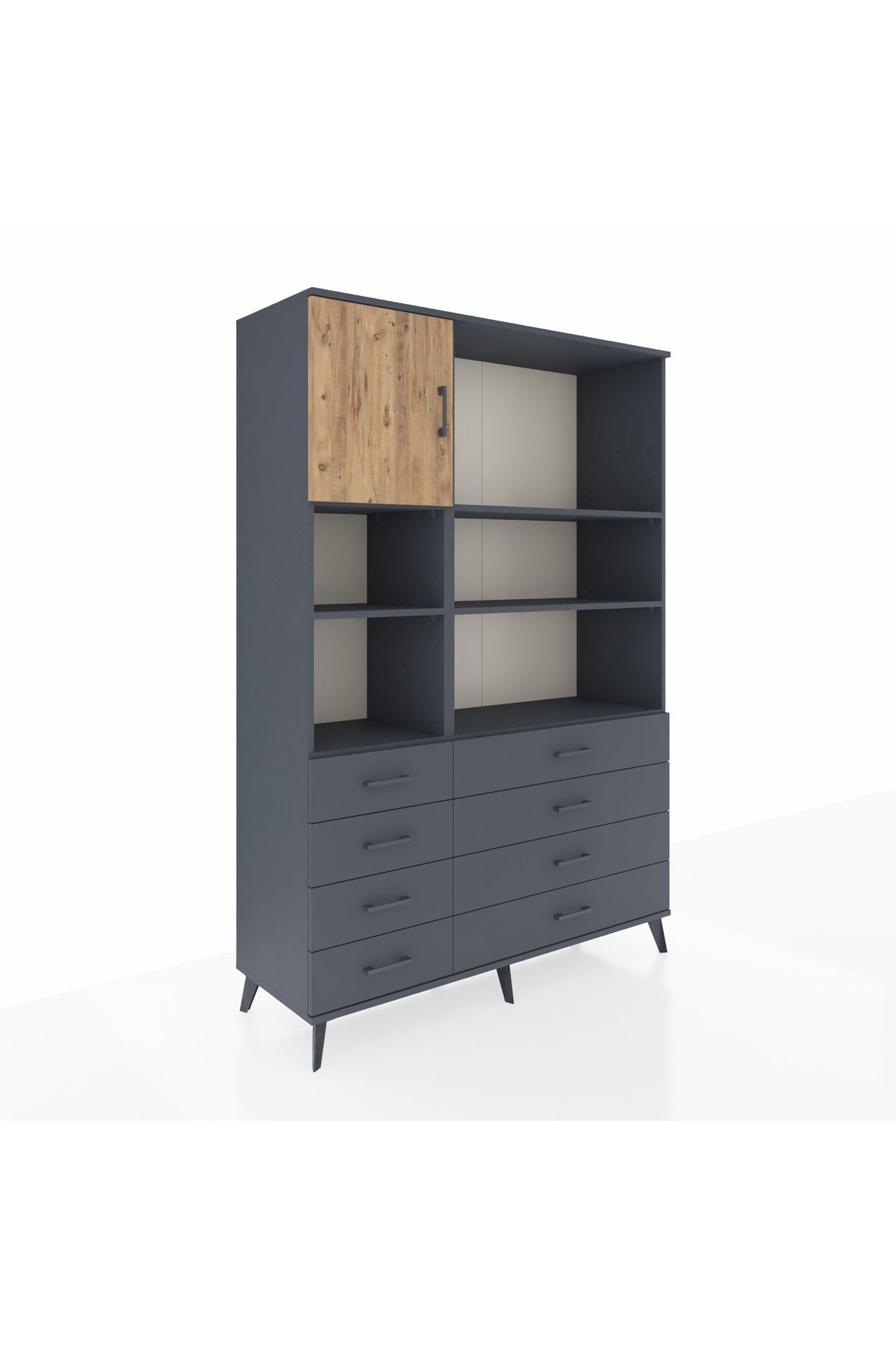 Hyperion Dolap 7 Raflı 8 Çekmeceli Tek Kapaklı  132x44x195 Antrasit-Çam/Antrasit