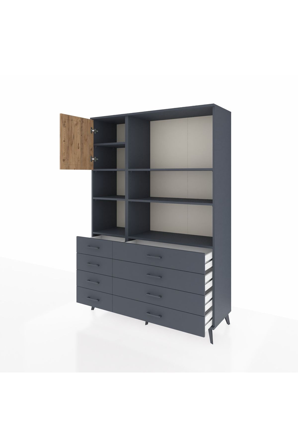 Hyperion Dolap 7 Raflı 8 Çekmeceli Tek Kapaklı  132x44x195 Antrasit-Çam/Antrasit