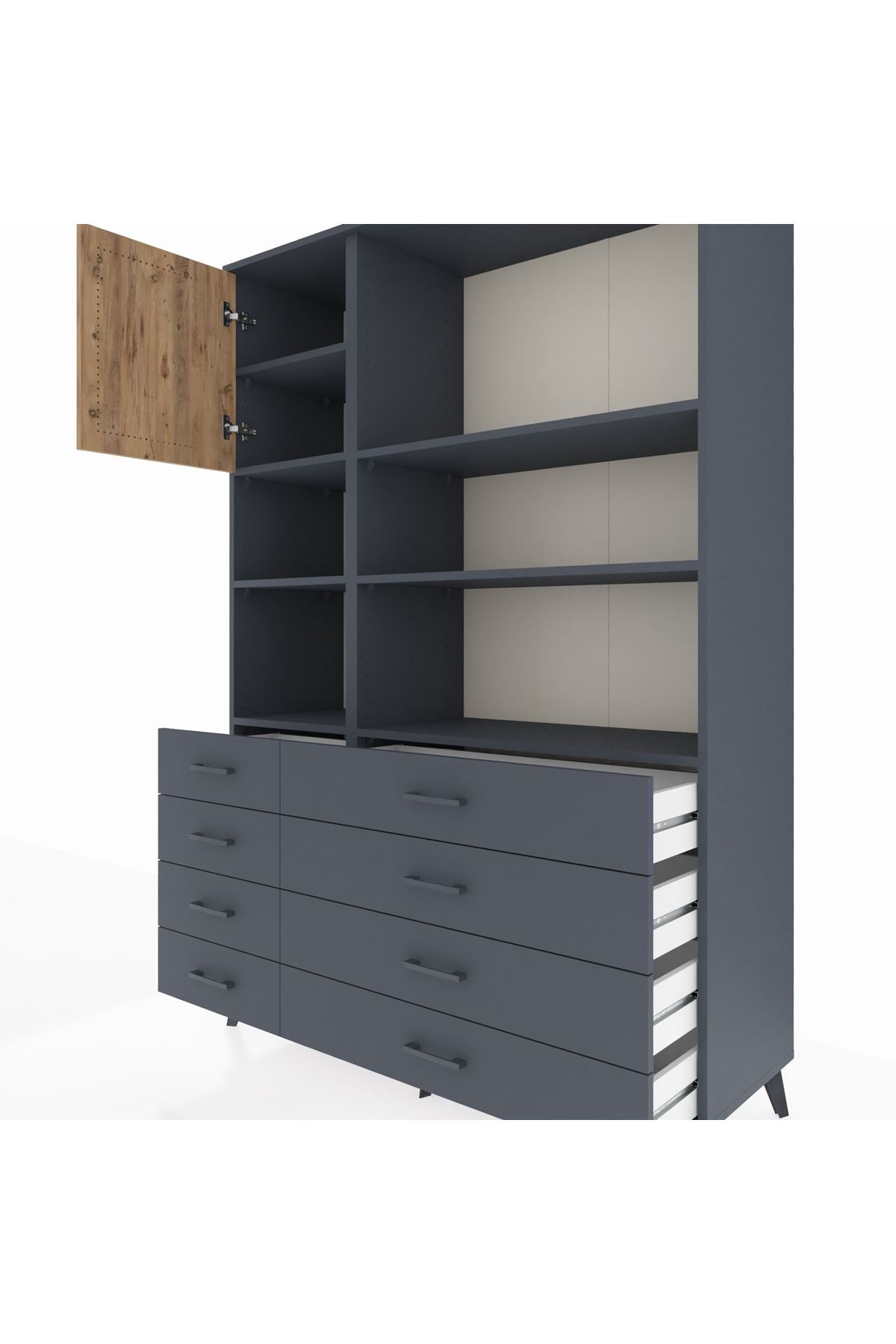 Hyperion Dolap 7 Raflı 8 Çekmeceli Tek Kapaklı  132x44x195 Antrasit-Çam/Antrasit