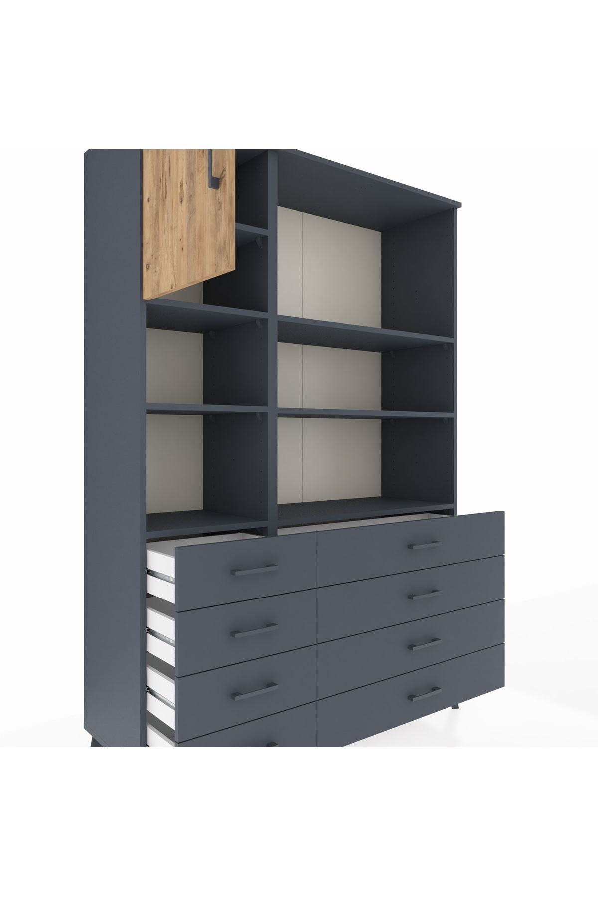 Hyperion Dolap 7 Raflı 8 Çekmeceli Tek Kapaklı  132x44x195 Antrasit-Çam/Antrasit
