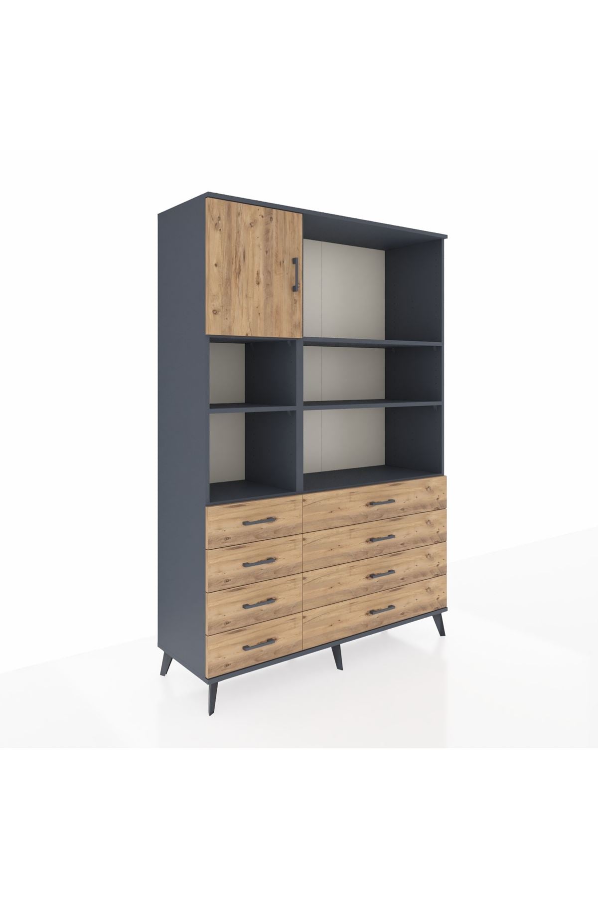 Hyperion Dolap 7 Raflı 8 Çekmeceli Tek Kapaklı  132x44x195 Antrasit-Çam/Çam