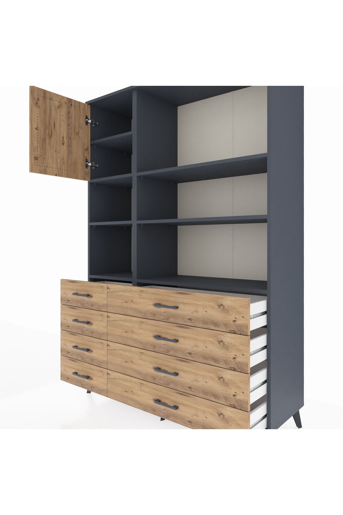 Hyperion Dolap 7 Raflı 8 Çekmeceli Tek Kapaklı  132x44x195 Antrasit-Çam/Çam