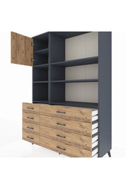 Hyperion Dolap 7 Raflı 8 Çekmeceli Tek Kapaklı  132x44x195 Antrasit-Çam/Çam