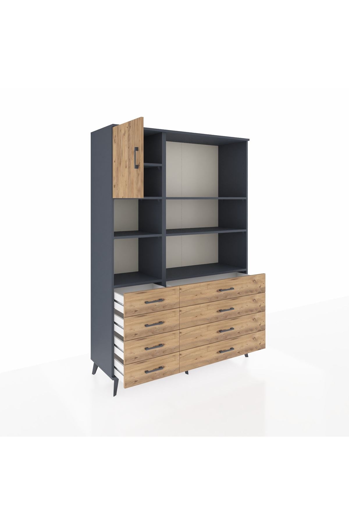 Hyperion Dolap 7 Raflı 8 Çekmeceli Tek Kapaklı  132x44x195 Antrasit-Çam/Çam