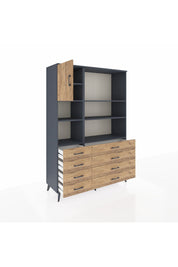 Hyperion Dolap 7 Raflı 8 Çekmeceli Tek Kapaklı  132x44x195 Antrasit-Çam/Çam