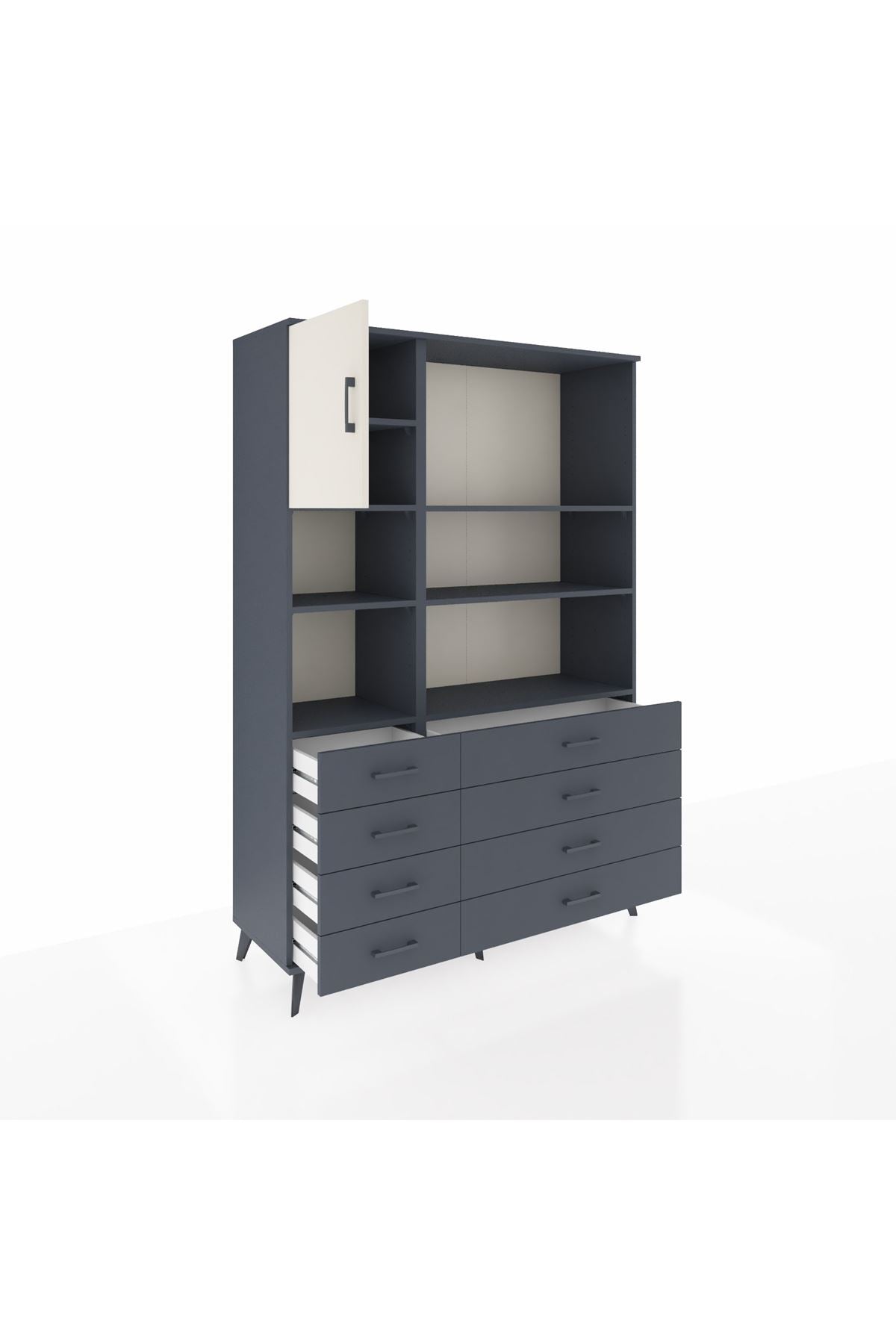 Hyperion Dolap 7 Raflı 8 Çekmeceli Tek Kapaklı  132x44x195 Antrasit-Aytaşı/Antrasit