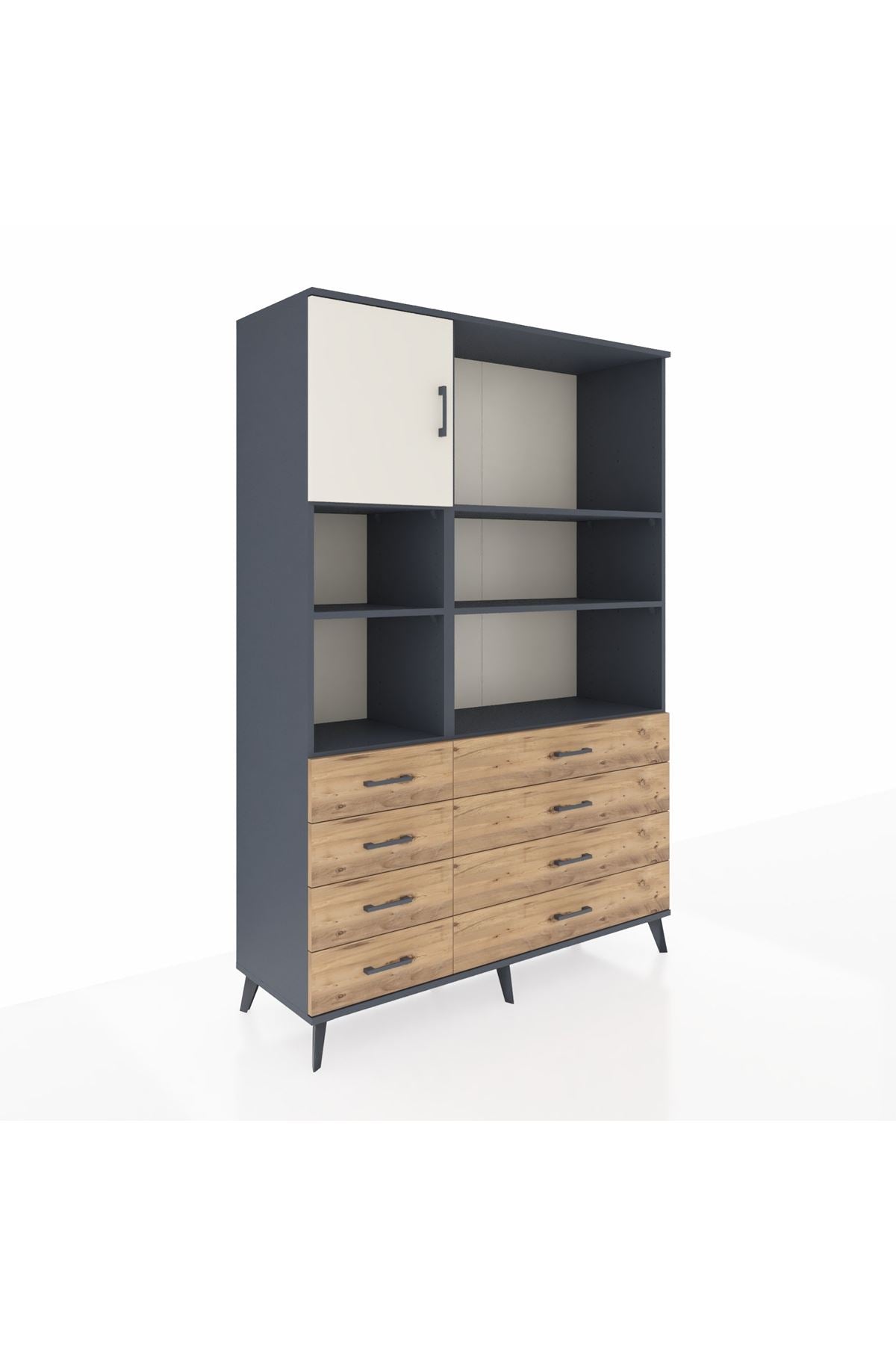 Hyperion Dolap 7 Raflı 8 Çekmeceli Tek Kapaklı  132x44x195 Antrasit-Aytaşı/Çam