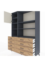 Hyperion Dolap 7 Raflı 8 Çekmeceli Tek Kapaklı  132x44x195 Antrasit-Aytaşı/Çam