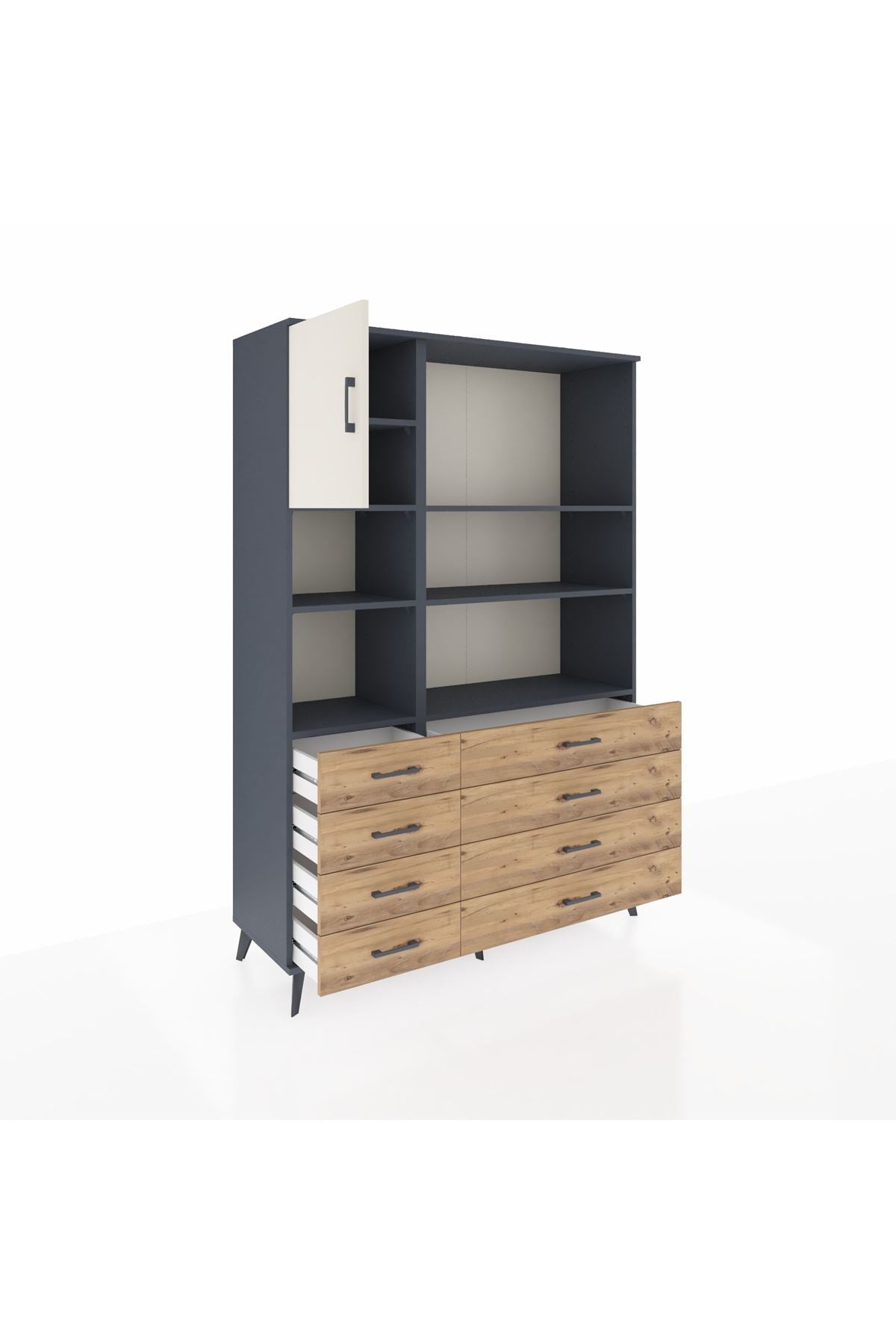 Hyperion Dolap 7 Raflı 8 Çekmeceli Tek Kapaklı  132x44x195 Antrasit-Aytaşı/Çam