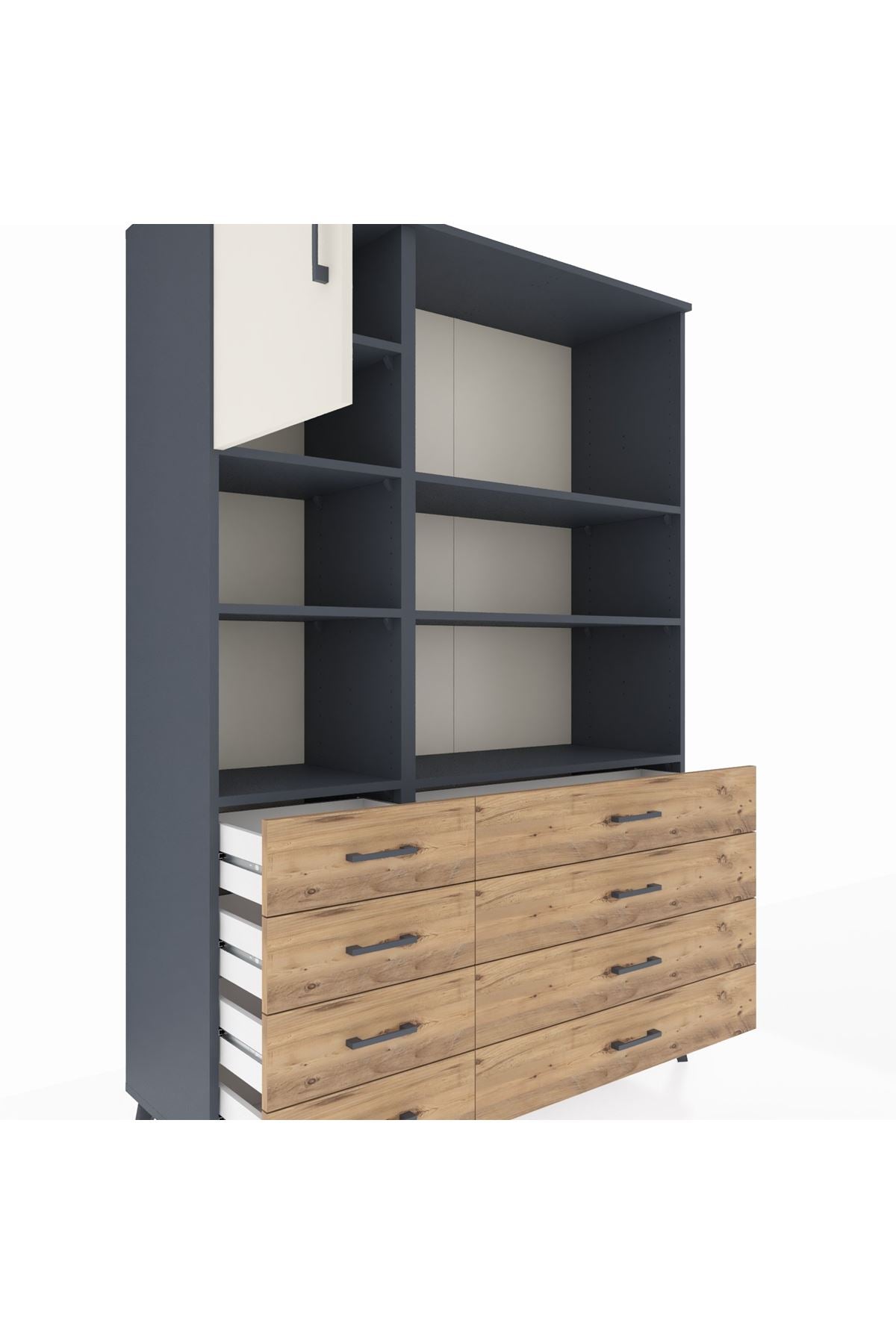 Hyperion Dolap 7 Raflı 8 Çekmeceli Tek Kapaklı  132x44x195 Antrasit-Aytaşı/Çam