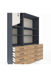 Hyperion Dolap 7 Raflı 8 Çekmeceli Tek Kapaklı  132x44x195 Antrasit-Aytaşı/Çam