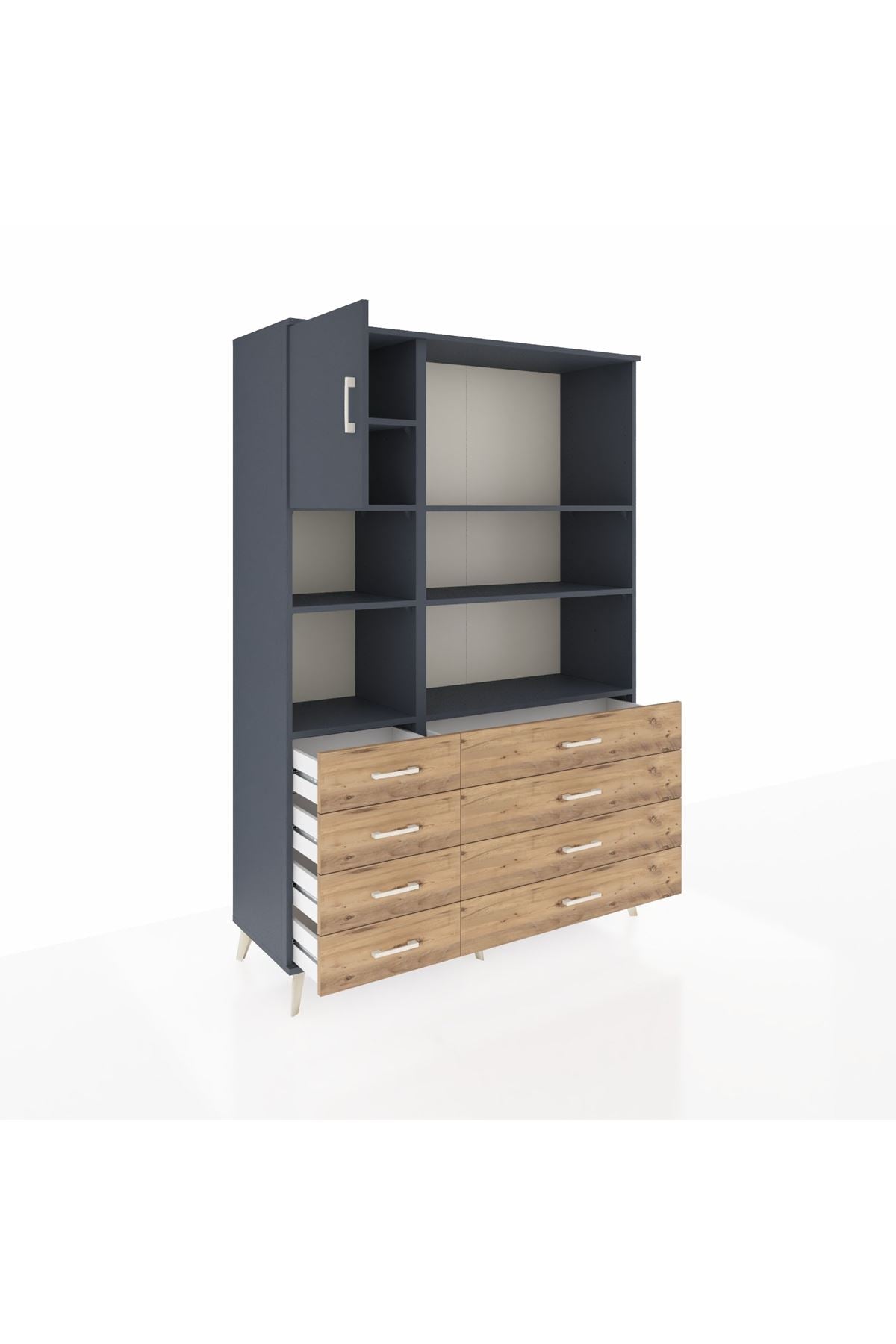 Hyperion Dolap 7 Raflı 8 Çekmeceli Tek Kapaklı  132x44x195 Antrasit-Antrasit/Çam