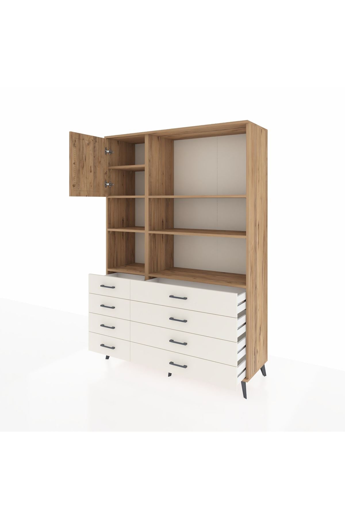 Hyperion Dolap 7 Raflı 8 Çekmeceli Tek Kapaklı  132x44x195 Çam-Çam/Aytaşı