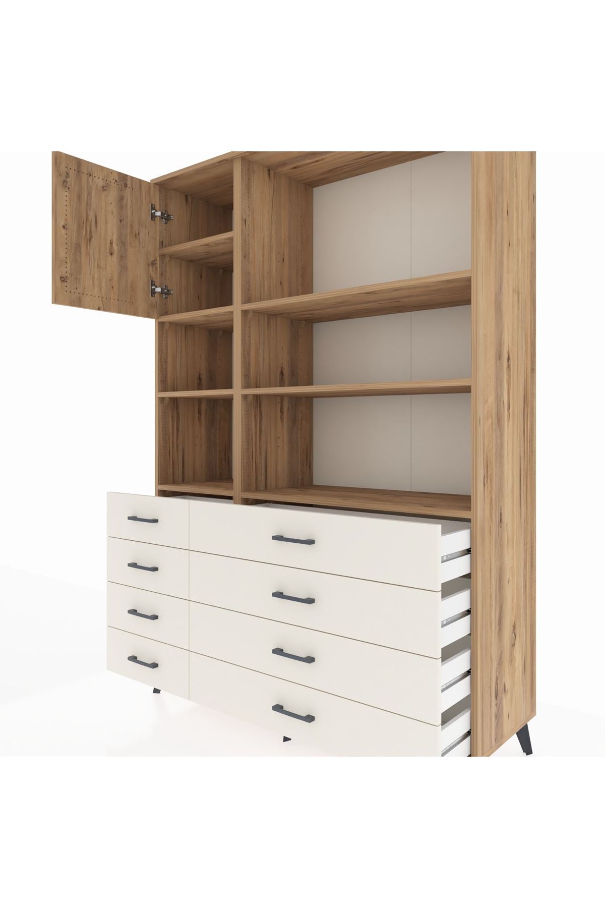 Hyperion Dolap 7 Raflı 8 Çekmeceli Tek Kapaklı  132x44x195 Çam-Çam/Aytaşı