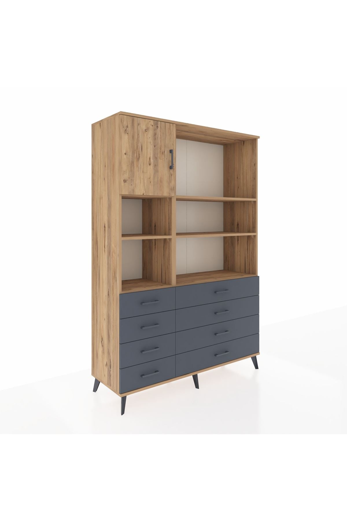 Hyperion Dolap 7 Raflı 8 Çekmeceli Tek Kapaklı  132x44x195 Çam-Çam/Antrasit