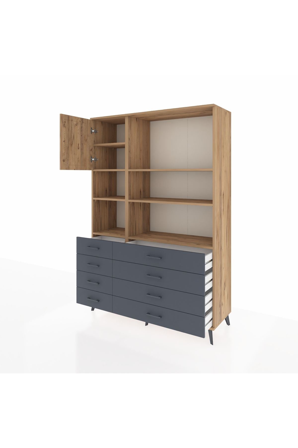 Hyperion Dolap 7 Raflı 8 Çekmeceli Tek Kapaklı  132x44x195 Çam-Çam/Antrasit