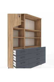 Hyperion Dolap 7 Raflı 8 Çekmeceli Tek Kapaklı  132x44x195 Çam-Çam/Antrasit