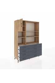 Hyperion Dolap 7 Raflı 8 Çekmeceli Tek Kapaklı  132x44x195 Çam-Çam/Antrasit